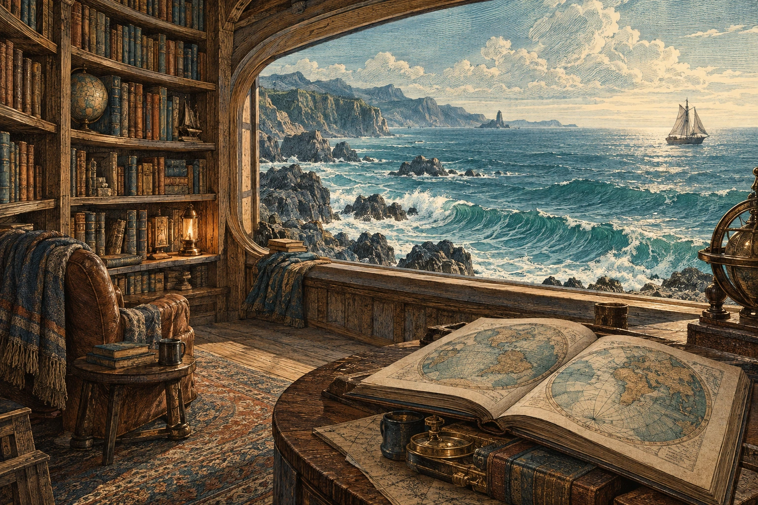 海图、木质书架与窗外海浪组成的原创着色版画风格藏书室